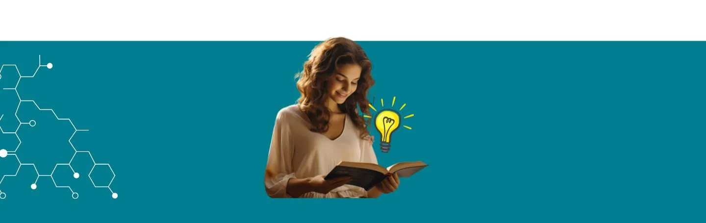 אשה קוראת בספר על רקע כחול