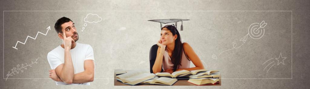 שני סטודנטים יושבים וחולמים עם איורים של צמיחה, השגת מטרה, אקדמיה
