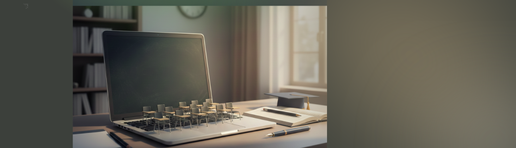 מחשב נייד עם כיסאות בית ספר וכובע אקדמי