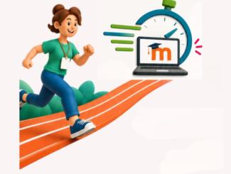 דמות מאויירת רצה, מסלול ריצה, שעון ומחשב נייד עם וגו של מודל