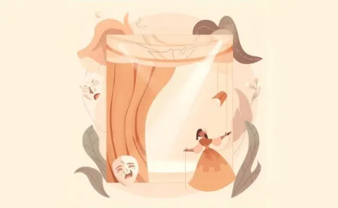 איור במת תיאטרון עם שחקנית ומסכות קומדיה־טרגדיה