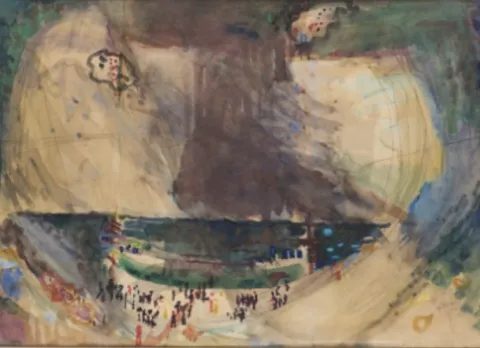יצירה מאת יחזקאל שטרייכמן: דמויות על החוף, 1965.